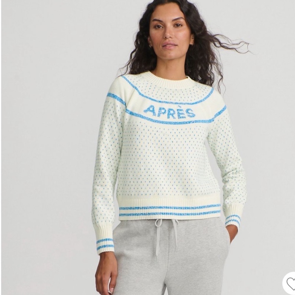 Lands End Apres Ski Sweater Ivory Blue Fair Isle Knit Pullover Medium NWT